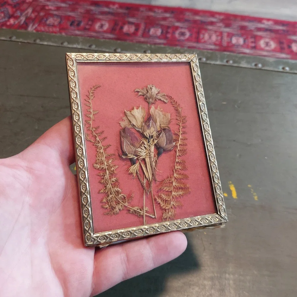 Vintage Pressed Flower Art Gold Embossed Metal Frame Dried Roses Ferns 4.5x3.5